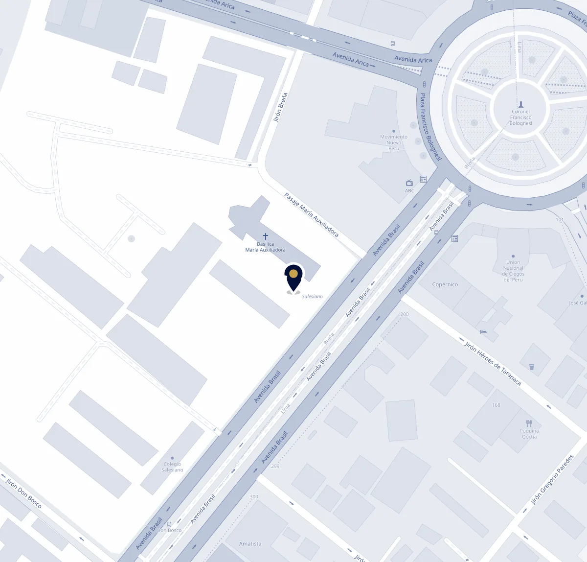 Plano de ubicación: Inspectoría Salesiana — Casa Provincial de los Salesianos del Perú, junto a la Plaza Bolognesi, entre la Avenida Brasil y la Avenida Arica, en Breña, Lima.